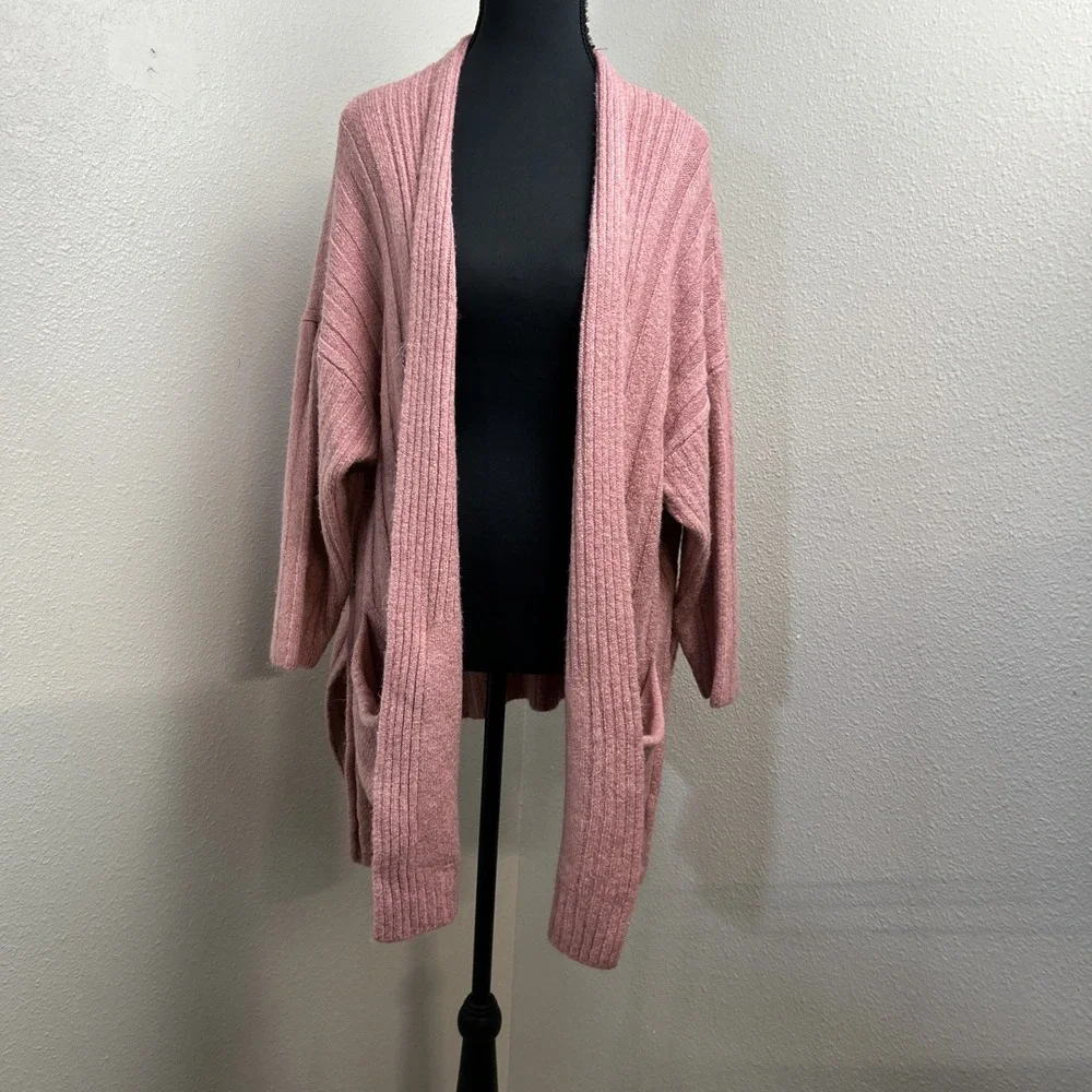 Topshop Open Oversized Cardigan Women's XS Pink Stripe Knit Solid With Pockets‎